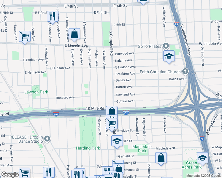 map of restaurants, bars, coffee shops, grocery stores, and more near 1318 South Campbell Road in Royal Oak