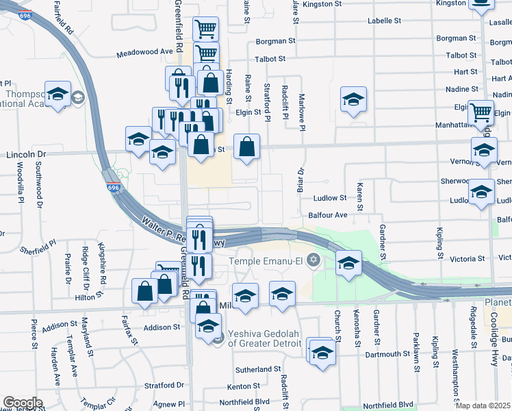 map of restaurants, bars, coffee shops, grocery stores, and more near 15209 Northgate Boulevard in Oak Park