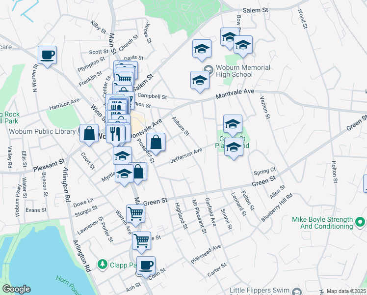 map of restaurants, bars, coffee shops, grocery stores, and more near 23 Fairmount Street in Woburn