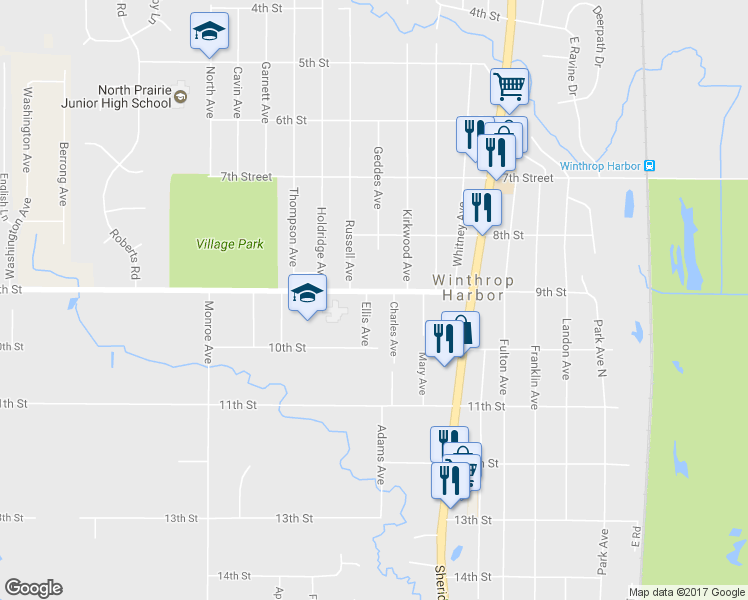map of restaurants, bars, coffee shops, grocery stores, and more near 2205 9th Street in Winthrop Harbor