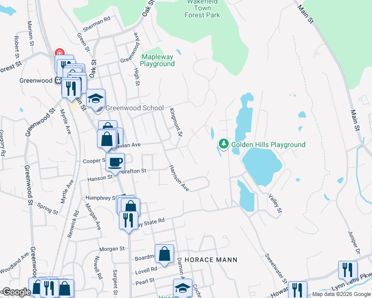 map of restaurants, bars, coffee shops, grocery stores, and more near 15 Essex Street in Wakefield