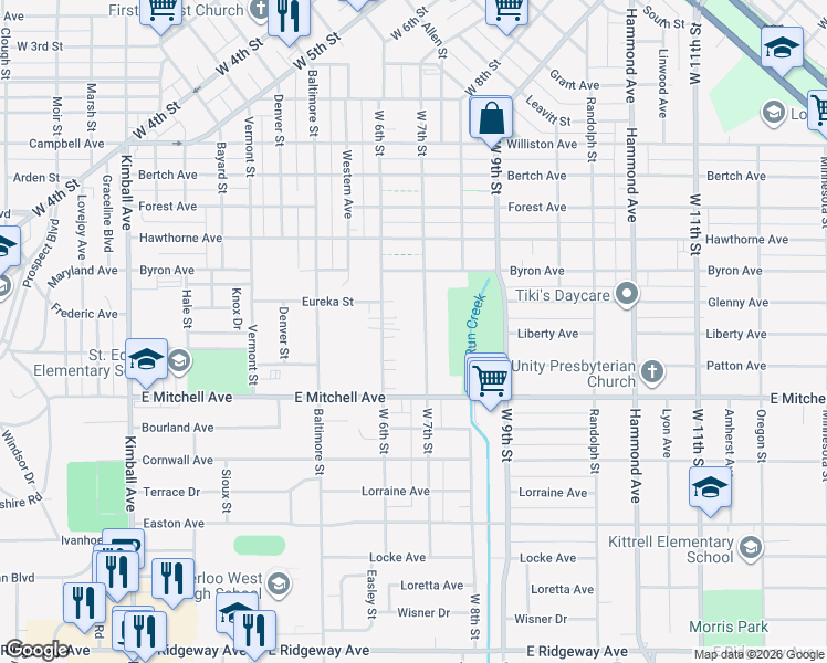 map of restaurants, bars, coffee shops, grocery stores, and more near 1830 West 7th Street in Waterloo