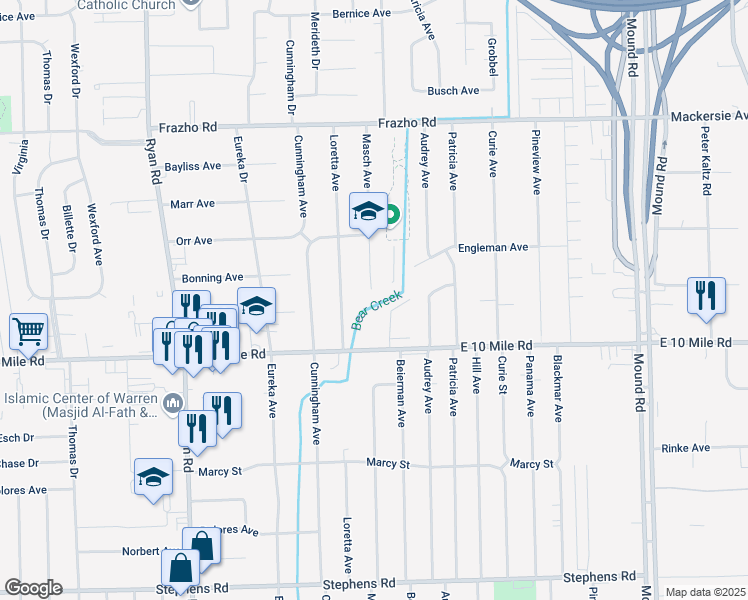 map of restaurants, bars, coffee shops, grocery stores, and more near 25101 Masch Avenue in Warren