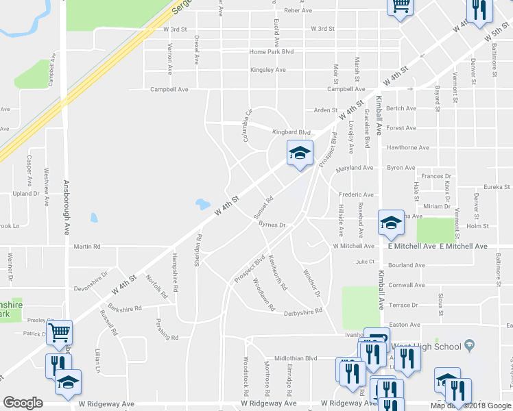 map of restaurants, bars, coffee shops, grocery stores, and more near 414 Sunset Road in Waterloo