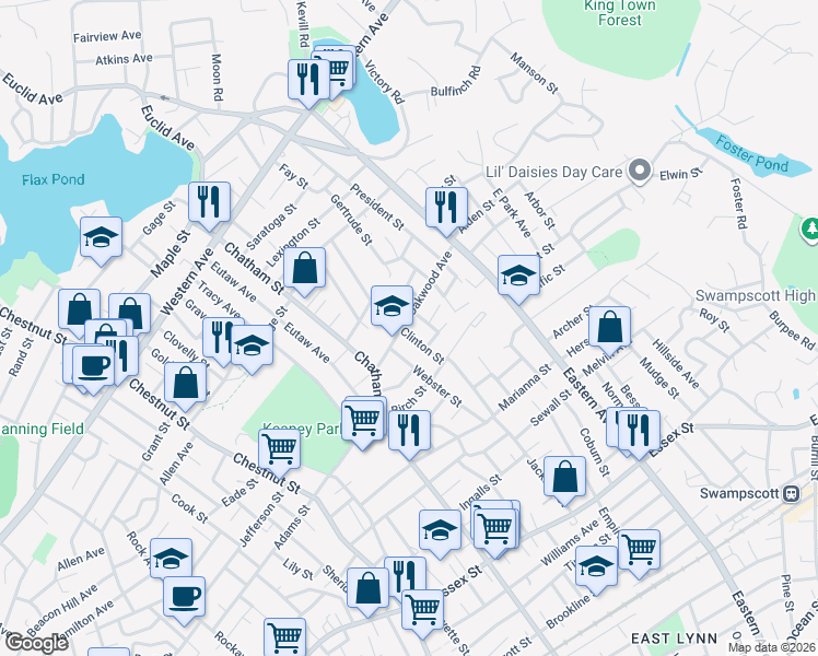 map of restaurants, bars, coffee shops, grocery stores, and more near 41 Oakwood Avenue in Lynn