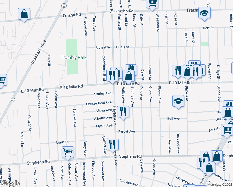 map of restaurants, bars, coffee shops, grocery stores, and more near 24916 Hayes Avenue in Eastpointe