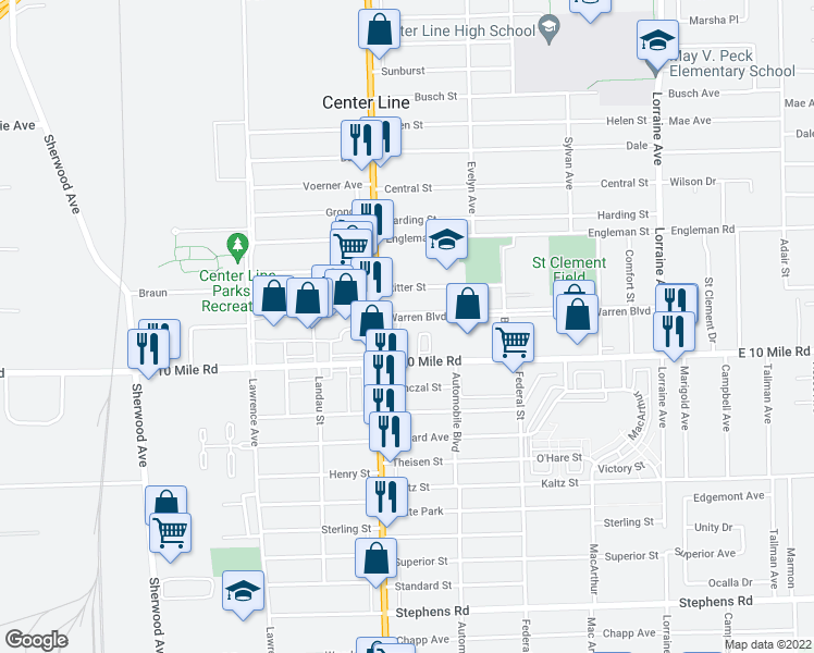 map of restaurants, bars, coffee shops, grocery stores, and more near 8050 Warren Boulevard in Center Line