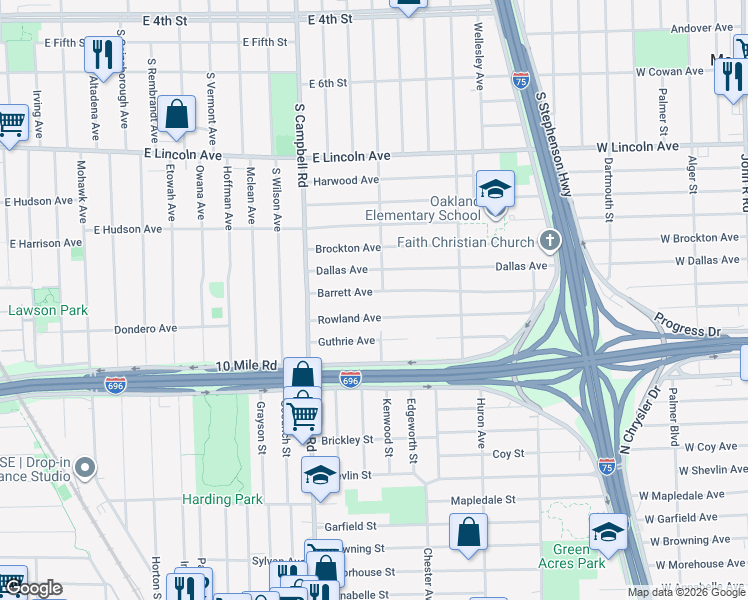 map of restaurants, bars, coffee shops, grocery stores, and more near 1914 Barrett Avenue in Royal Oak