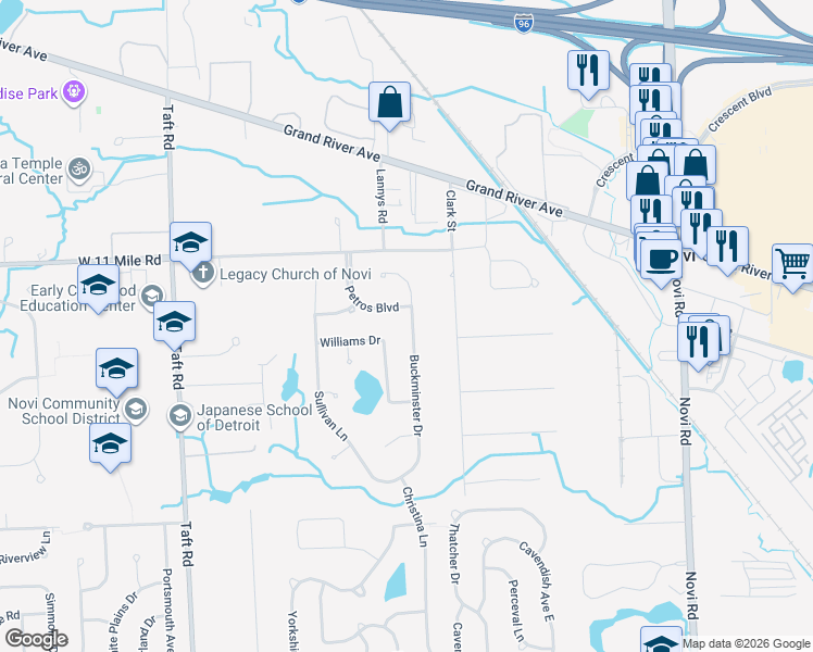 map of restaurants, bars, coffee shops, grocery stores, and more near 25616 Buckminster Drive in Novi