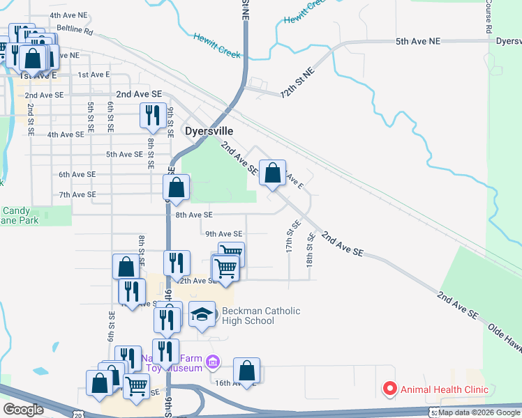 map of restaurants, bars, coffee shops, grocery stores, and more near 1326 8th Avenue Southeast in Dyersville