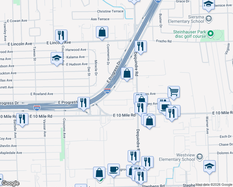 map of restaurants, bars, coffee shops, grocery stores, and more near 25181 Dequindre Road in Madison Heights