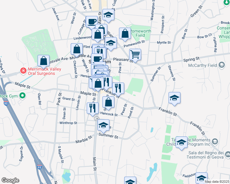 map of restaurants, bars, coffee shops, grocery stores, and more near 50 Franklin Street in Stoneham