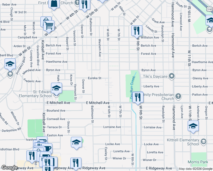 map of restaurants, bars, coffee shops, grocery stores, and more near 1828 West 6th Street in Waterloo