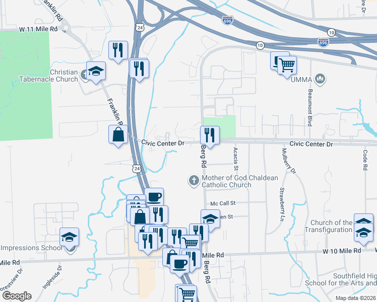 map of restaurants, bars, coffee shops, grocery stores, and more near 24111 Civic Center Drive in Southfield