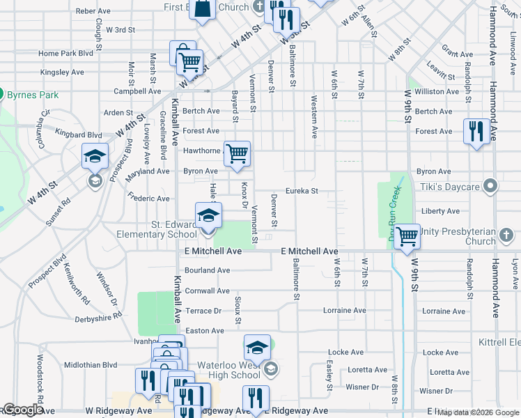 map of restaurants, bars, coffee shops, grocery stores, and more near 1327 Vermont St in Waterloo