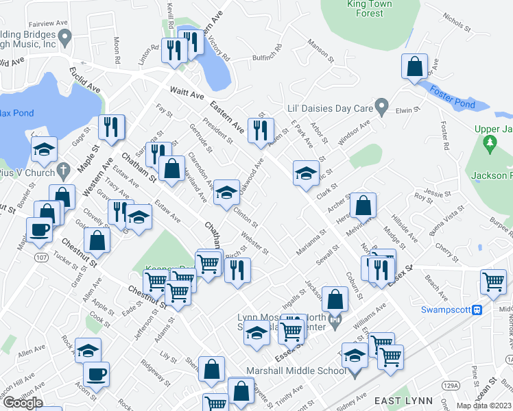 map of restaurants, bars, coffee shops, grocery stores, and more near 22 Livingston Street in Lynn
