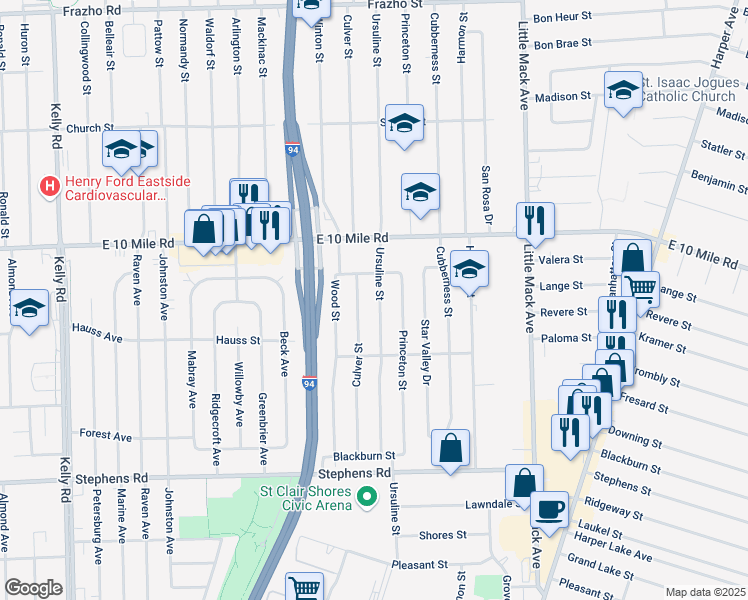 map of restaurants, bars, coffee shops, grocery stores, and more near 24821 Ursuline Street in St. Clair Shores