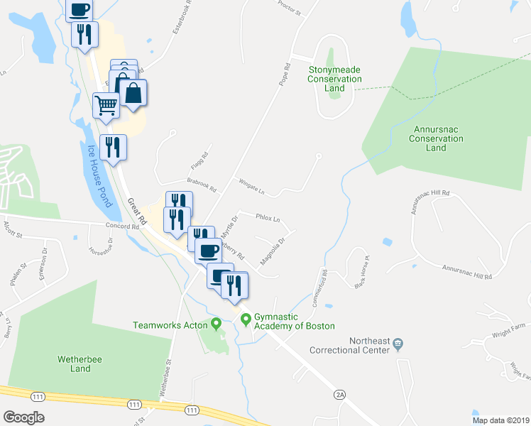 map of restaurants, bars, coffee shops, grocery stores, and more near 6 Phlox Lane in Acton