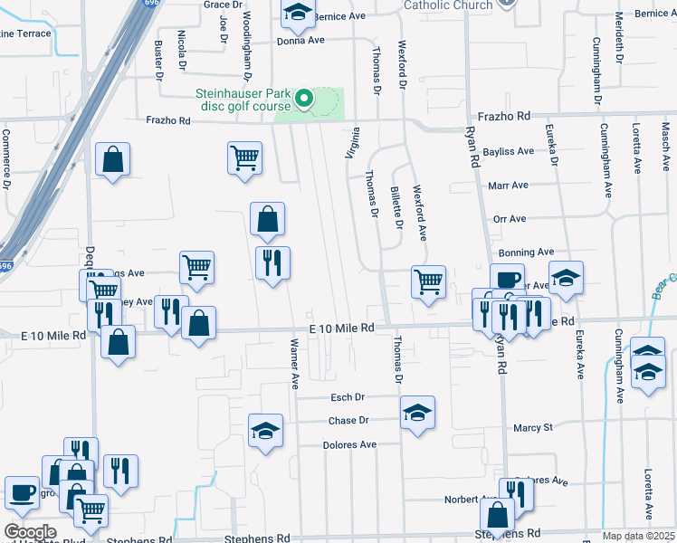 map of restaurants, bars, coffee shops, grocery stores, and more near 25235 Doncea Drive in Warren