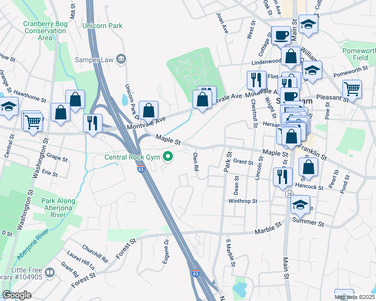 map of restaurants, bars, coffee shops, grocery stores, and more near 74 Maple Street in Stoneham
