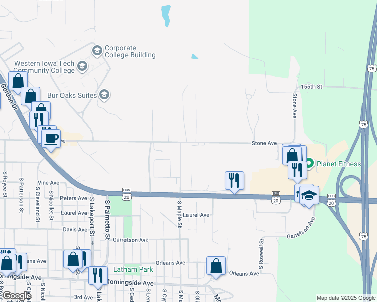 map of restaurants, bars, coffee shops, grocery stores, and more near 1206 1/2 South Maple Street in Sioux City