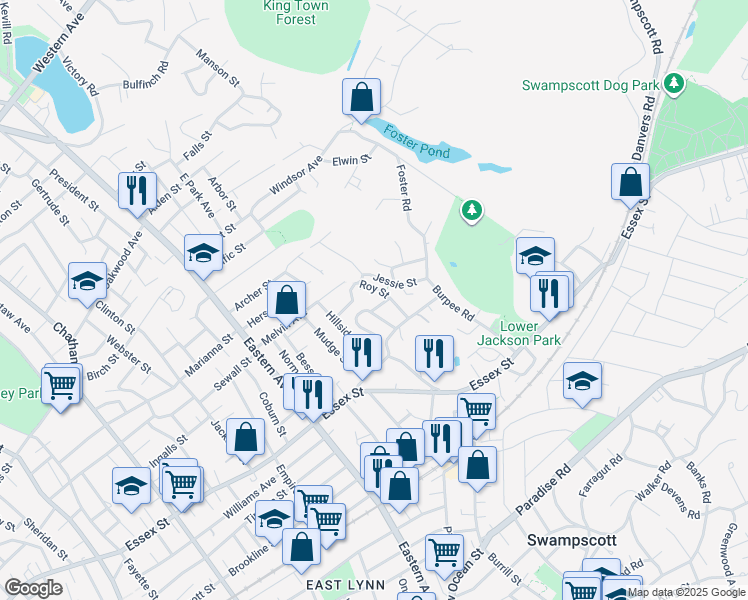 map of restaurants, bars, coffee shops, grocery stores, and more near 69 Roy Street in Swampscott