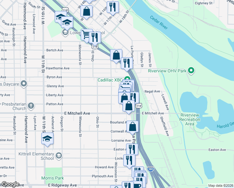 map of restaurants, bars, coffee shops, grocery stores, and more near 1919 Liberty Ave in Waterloo