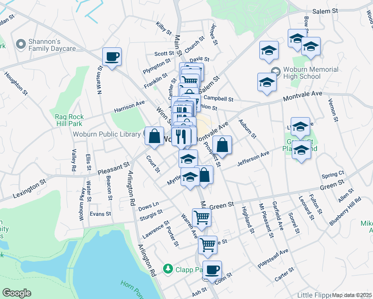 map of restaurants, bars, coffee shops, grocery stores, and more near 17 Buel Place in Woburn