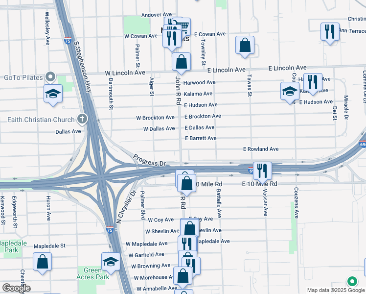 map of restaurants, bars, coffee shops, grocery stores, and more near 25306 John R Road in Madison Heights