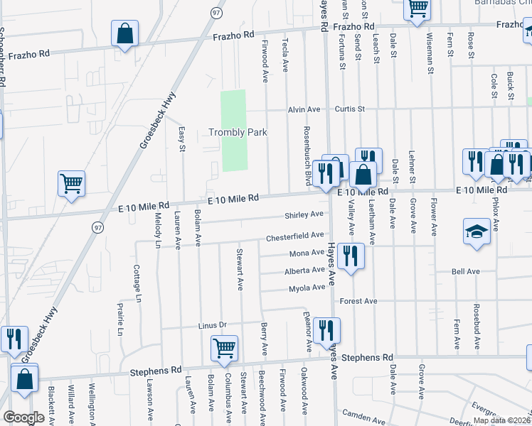 map of restaurants, bars, coffee shops, grocery stores, and more near 14845 Shirley Avenue in Warren
