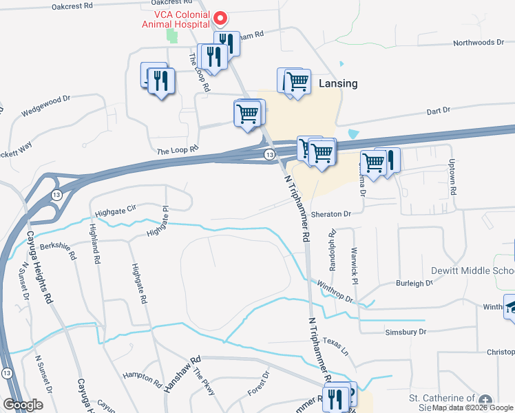 map of restaurants, bars, coffee shops, grocery stores, and more near D7 Seven Mile Drive in Ithaca