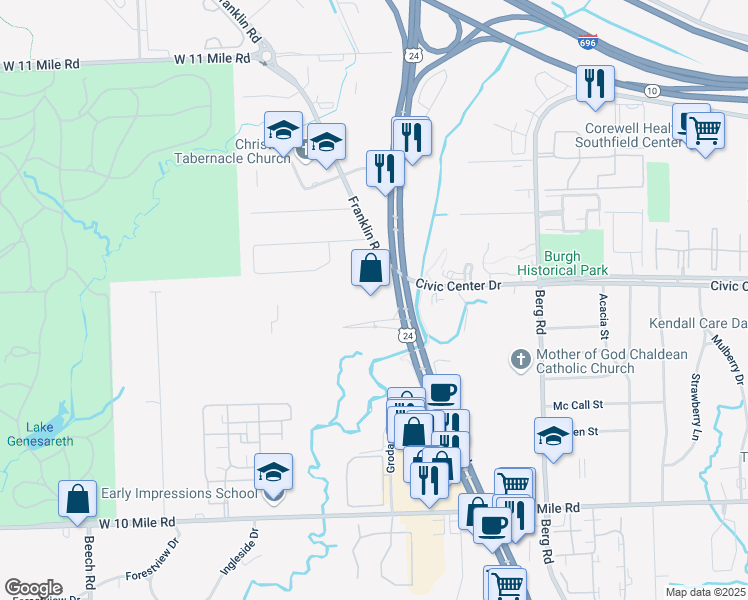 map of restaurants, bars, coffee shops, grocery stores, and more near 25925 Telegraph Road in Southfield