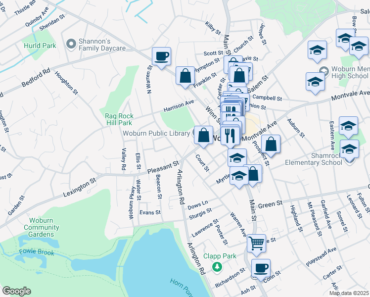 map of restaurants, bars, coffee shops, grocery stores, and more near 7 Wade Place in Woburn