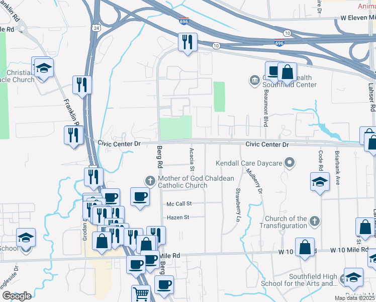 map of restaurants, bars, coffee shops, grocery stores, and more near 25965 Acacia Street in Southfield