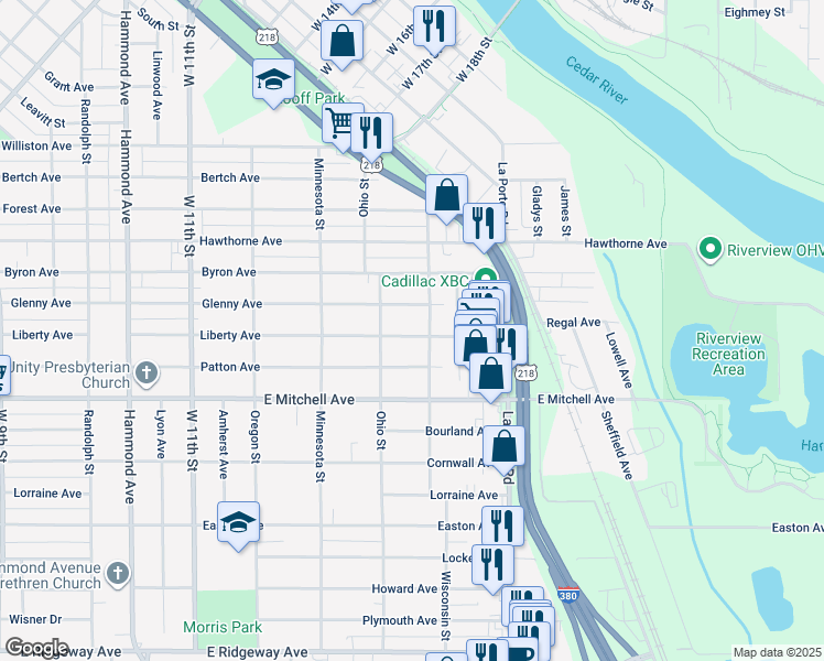 map of restaurants, bars, coffee shops, grocery stores, and more near 1851 Liberty Avenue in Waterloo