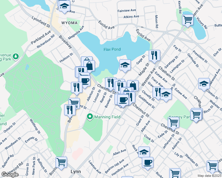 map of restaurants, bars, coffee shops, grocery stores, and more near in Lynn