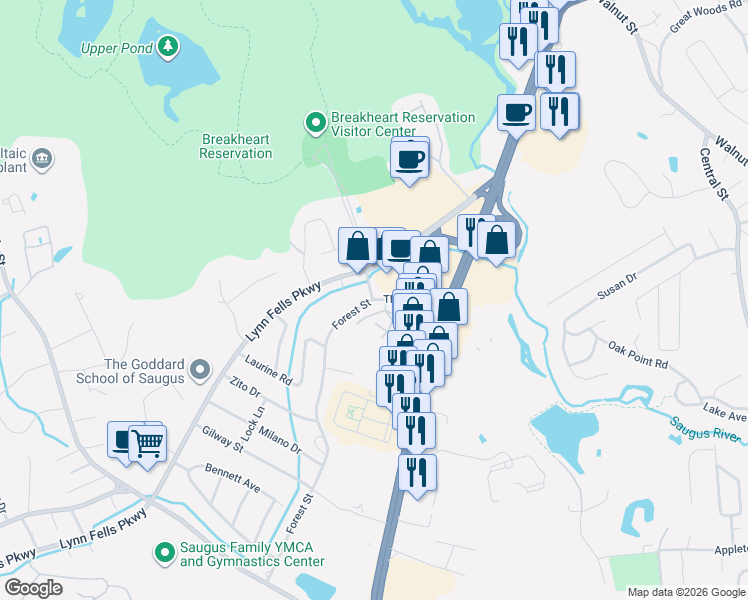 map of restaurants, bars, coffee shops, grocery stores, and more near 7 Thomas Street in Saugus