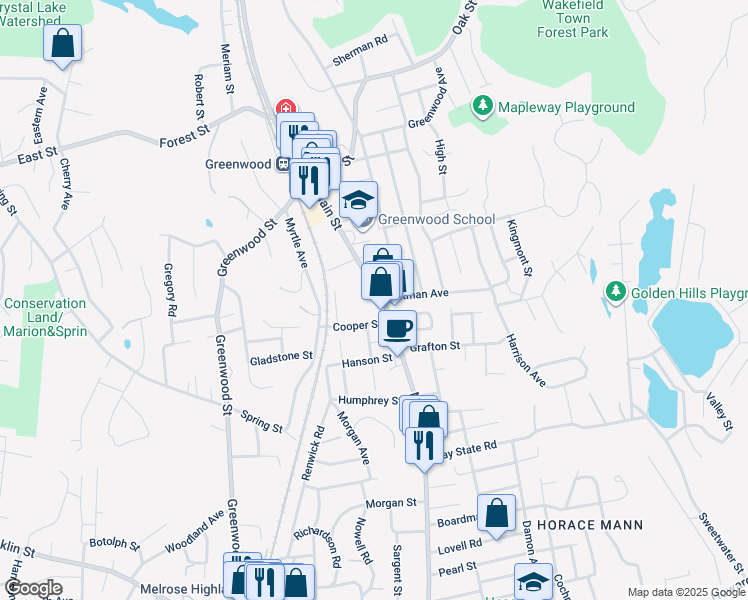map of restaurants, bars, coffee shops, grocery stores, and more near 1099 Main Street in Wakefield