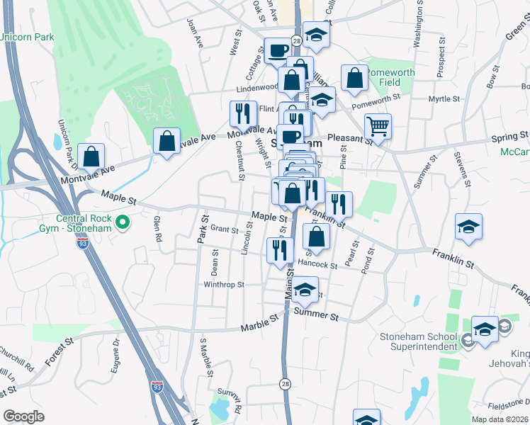 map of restaurants, bars, coffee shops, grocery stores, and more near 13 Maple Street in Stoneham