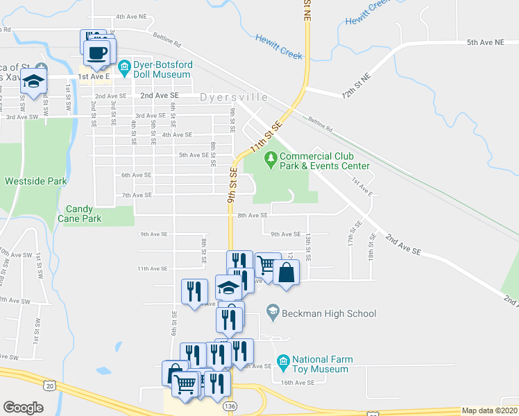 map of restaurants, bars, coffee shops, grocery stores, and more near 1020 8th Avenue Southeast in Dyersville