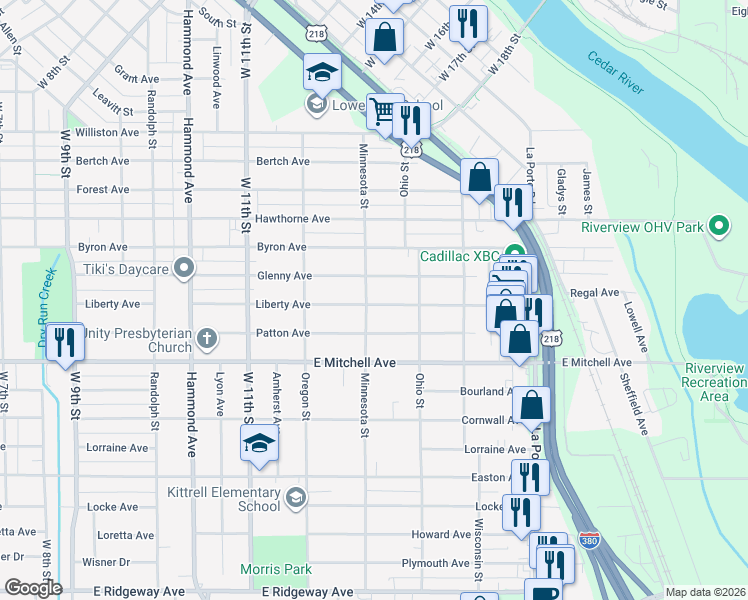 map of restaurants, bars, coffee shops, grocery stores, and more near 1705 Liberty Ave in Waterloo