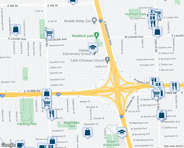 map of restaurants, bars, coffee shops, grocery stores, and more near 2326 Barrett Avenue in Royal Oak