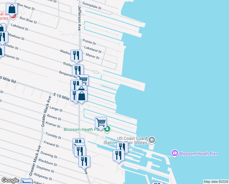 map of restaurants, bars, coffee shops, grocery stores, and more near 22542 Benjamin St in St Clair Shores