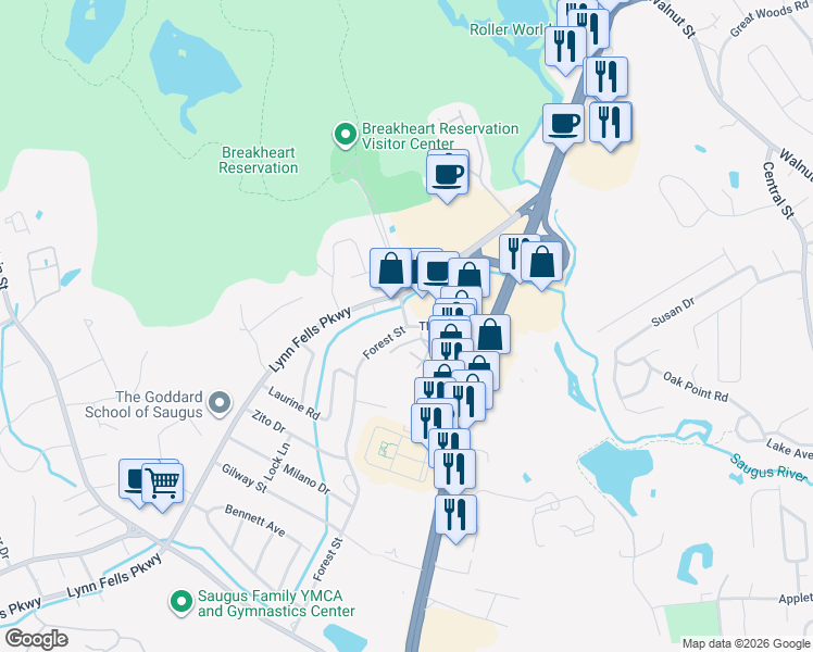 map of restaurants, bars, coffee shops, grocery stores, and more near 7 Thomas Street in Saugus