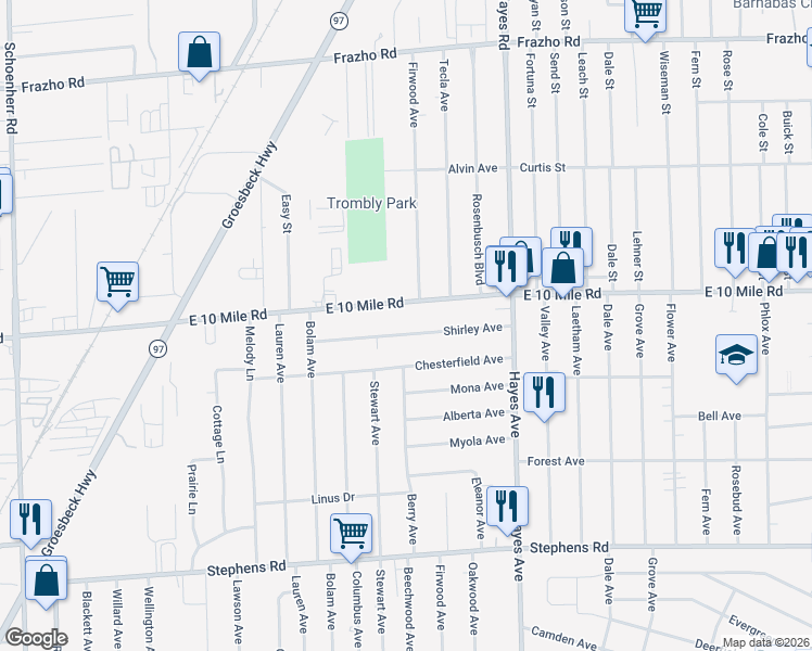 map of restaurants, bars, coffee shops, grocery stores, and more near 14845 Shirley Avenue in Warren