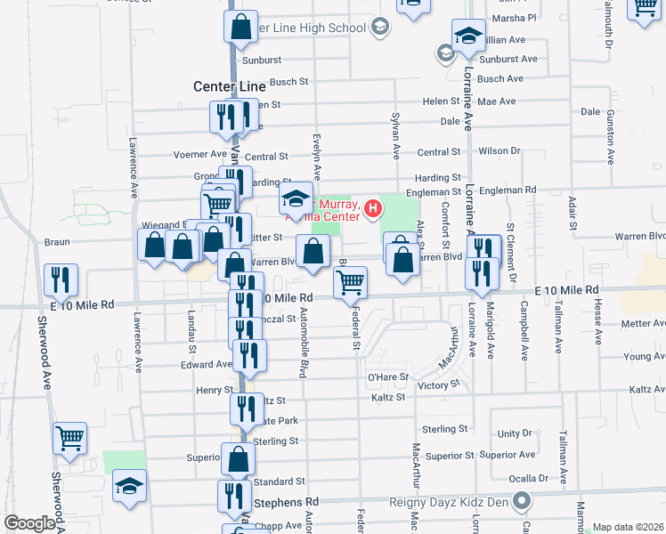map of restaurants, bars, coffee shops, grocery stores, and more near 8310 Warren Boulevard in Center Line