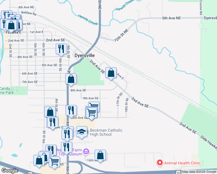 map of restaurants, bars, coffee shops, grocery stores, and more near 1326 8th Avenue Southeast in Dyersville