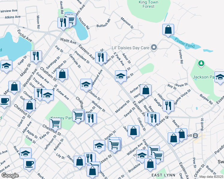map of restaurants, bars, coffee shops, grocery stores, and more near 111 Birch Street in Lynn