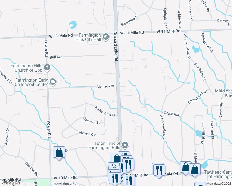 map of restaurants, bars, coffee shops, grocery stores, and more near 25235 Orchard Lake Road in Farmington Hills