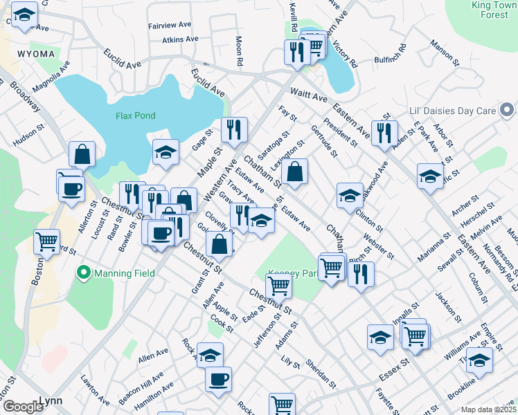 map of restaurants, bars, coffee shops, grocery stores, and more near 136 Tracy Avenue in Lynn